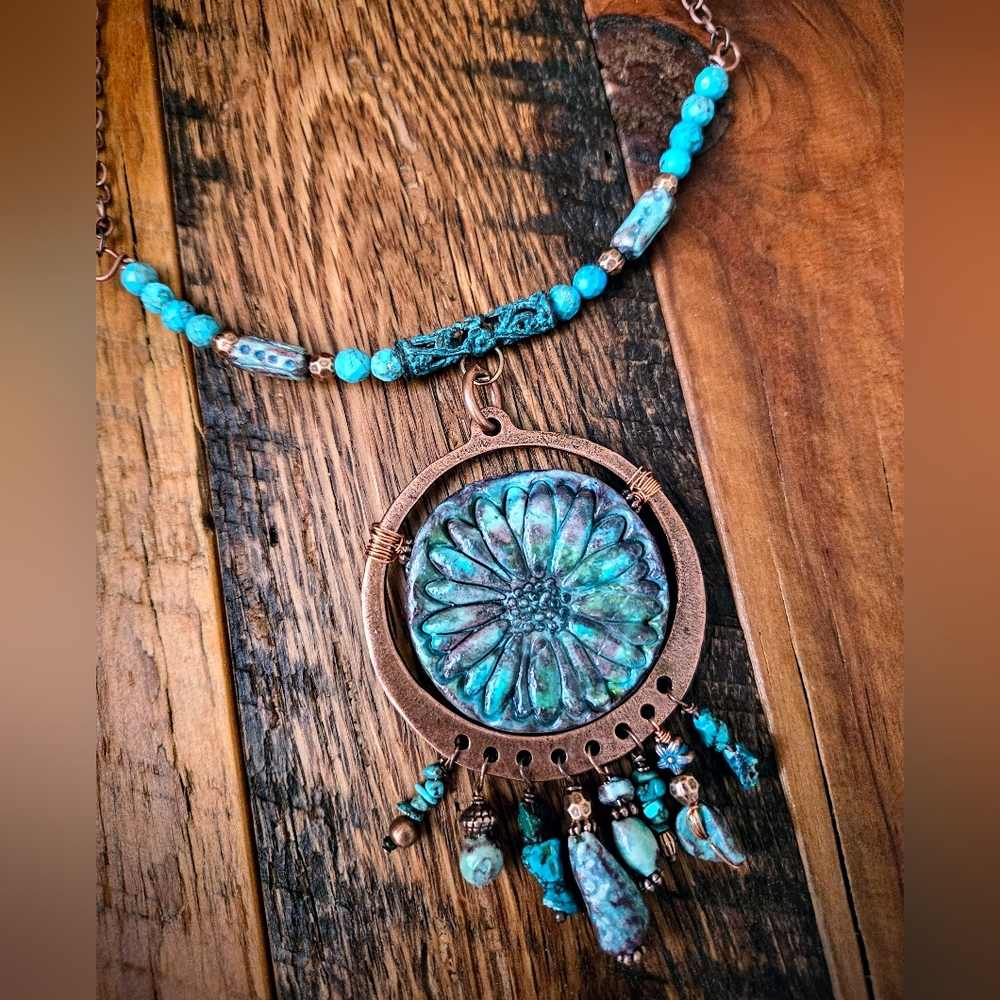 Rugged & Weathered Roman Inspired Empress Verdigris Clay & Turquoise Necklace - Picture 5 of 11